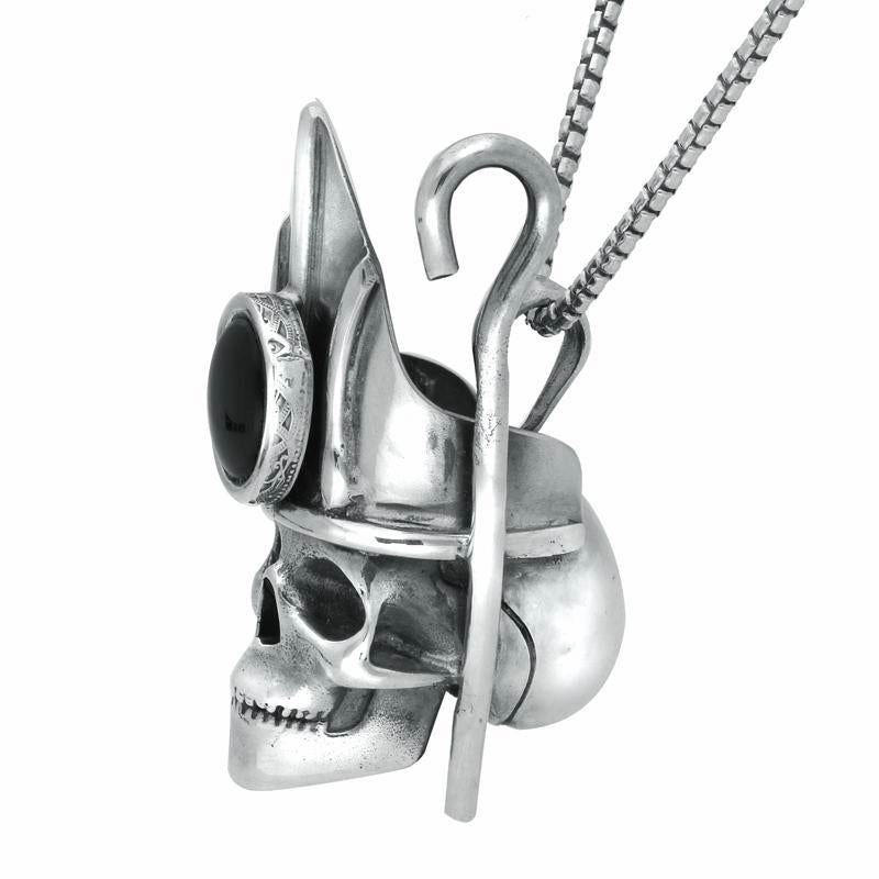 Sterling Silver Whitby Jet Skull With Crown and Shepherds Crook Necklace