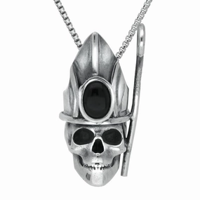 Sterling Silver Whitby Jet Skull With Crown and Shepherds Crook Necklace