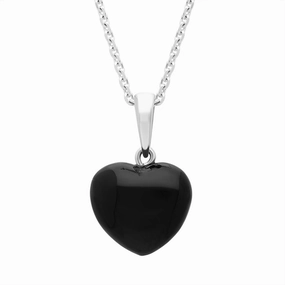 Sterling Silver Whitby Jet Slim Bail Large Carved Heart Necklace