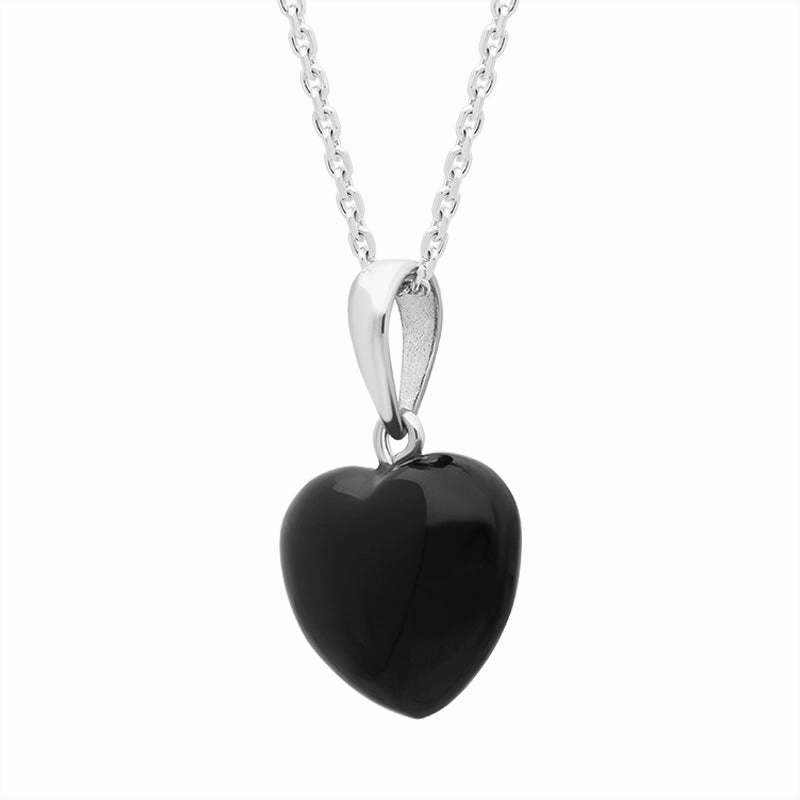 Sterling Silver Whitby Jet Slim Bail Large Carved Heart Necklace