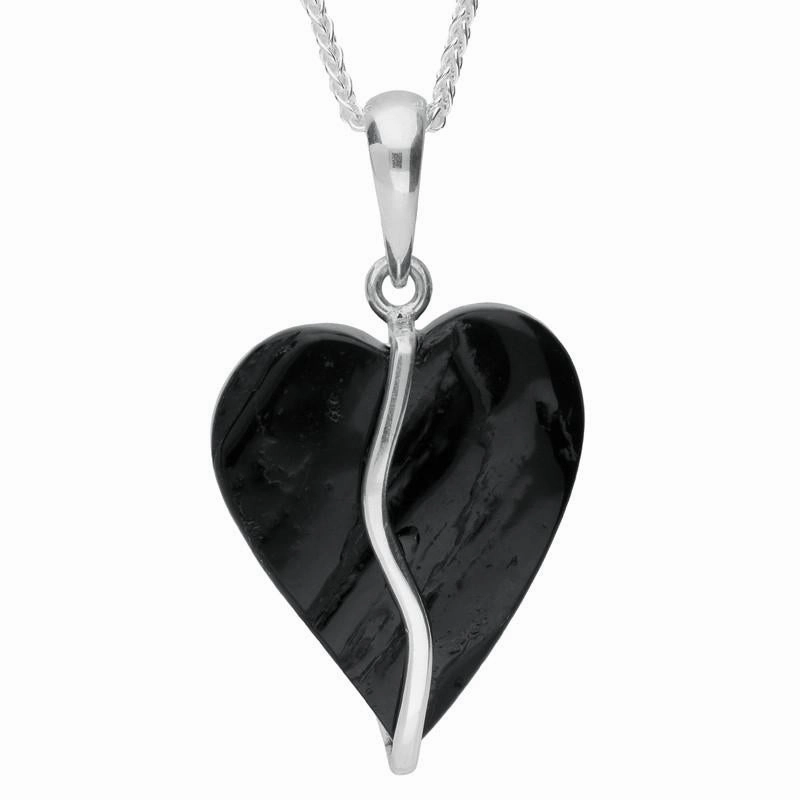 Sterling Silver Whitby Jet Small Rough Cut Heart Wave Centre Necklace