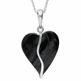 Sterling Silver Whitby Jet Small Rough Cut Heart Wave Centre Necklace