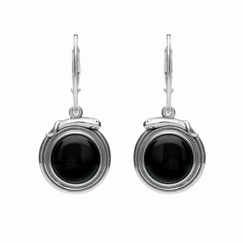 Sterling Silver Whitby Jet Small Round Snake Edge Hook Drop Earrings