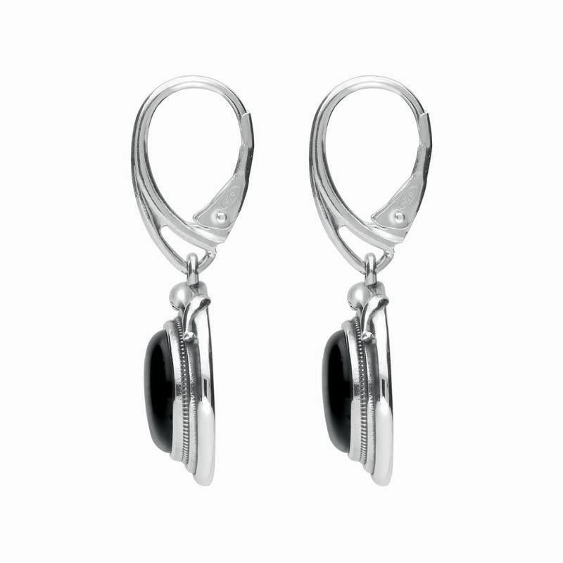Sterling Silver Whitby Jet Small Round Snake Edge Hook Drop Earrings