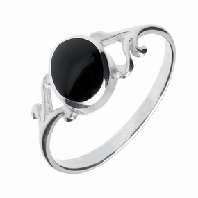 Sterling Silver Whitby Jet Small Scroll Ring