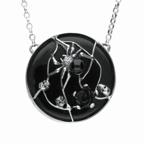 Sterling Silver Whitby Jet Spider Rose 3 Skulls Necklace