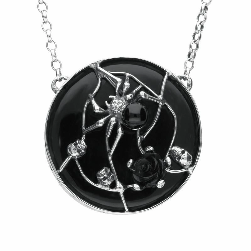 Sterling Silver Whitby Jet Spider Rose 3 Skulls Necklace
