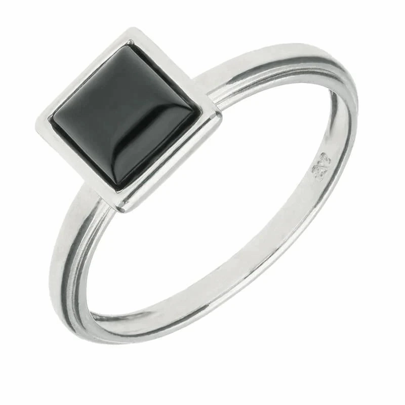 Sterling Silver Whitby Jet Square Plain Stacking Ring