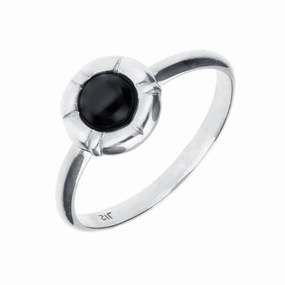 Sterling Silver Whitby Jet Stone In Ridged Circle Ring