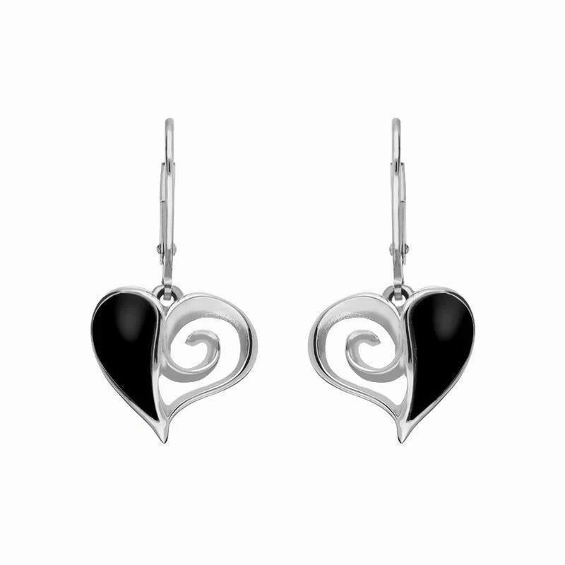 Sterling Silver Whitby Jet Swirl Heart Drop Earrings