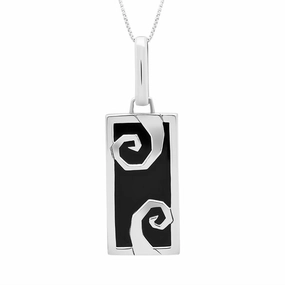 Sterling Silver Whitby Jet Swirl Pattern Oblong Necklace D