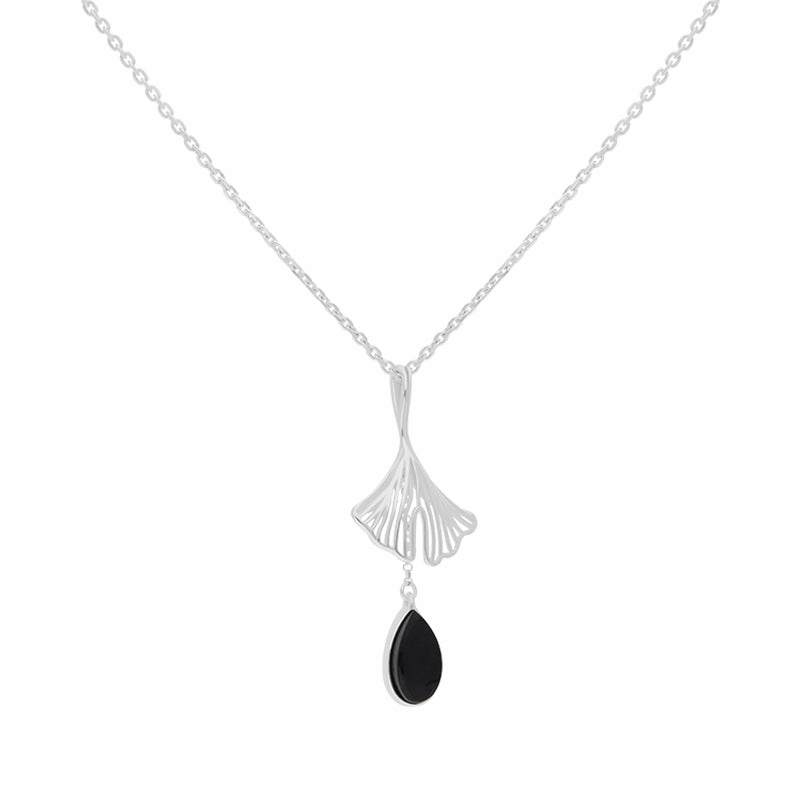 Sterling Silver Whitby Jet Teardrop Ginkgo Biloba Leaf Pendant