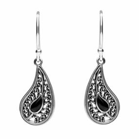 Sterling Silver Whitby Jet Teardrop Oxidised Drop Earrings