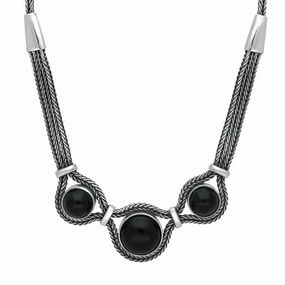 Sterling Silver Whitby Jet Three Stone Foxtail Necklace D
