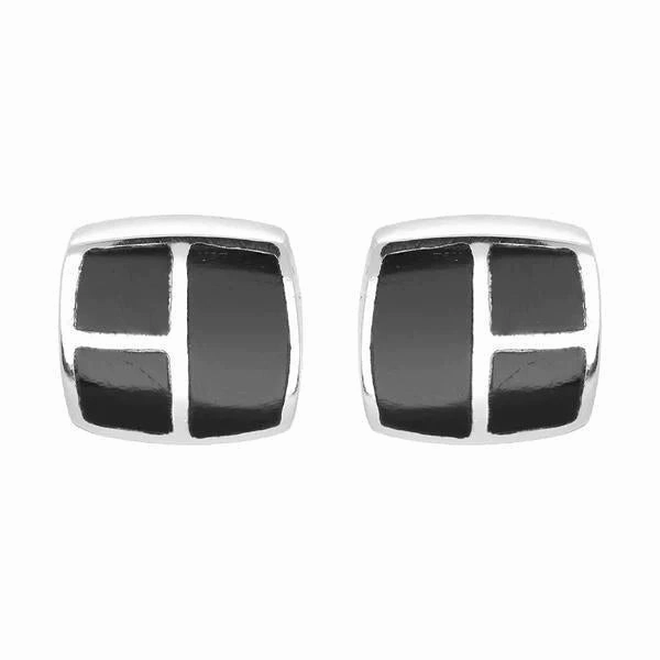 Sterling Silver Whitby Jet Three Stone Square Stud Earrings