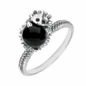 Sterling Silver Whitby Jet Tiny Hedgehog Ring