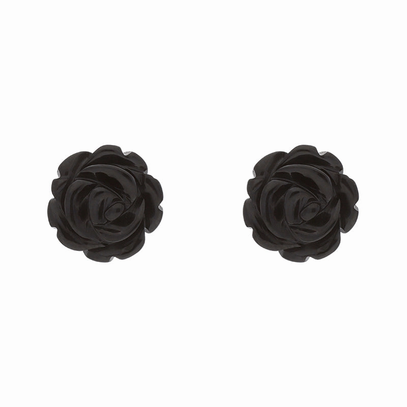 Sterling Silver Whitby Jet Tuberose 8mm Rose Stud Earrings