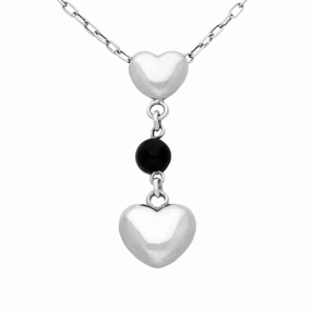 Sterling Silver Whitby Jet Two Heart Bead Drop Necklace D