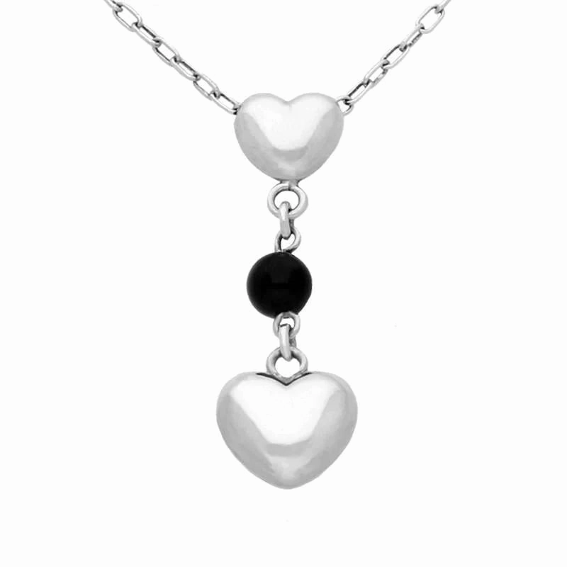 Sterling Silver Whitby Jet Two Heart Bead Drop Necklace D