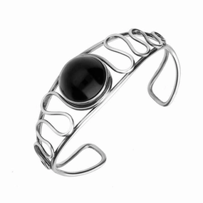 Sterling Silver Whitby Jet Wavy Unique Bangle