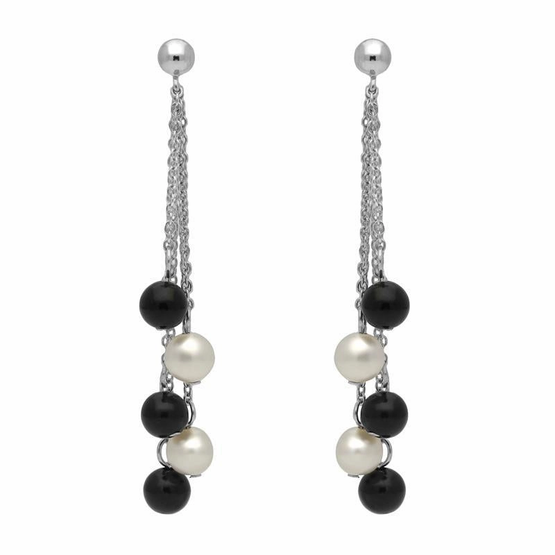 Sterling Silver Whitby Jet White Pearl Beaded Tassel Drop Earrings D