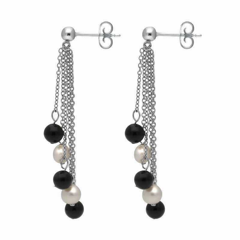 Sterling Silver Whitby Jet White Pearl Beaded Tassel Drop Earrings D