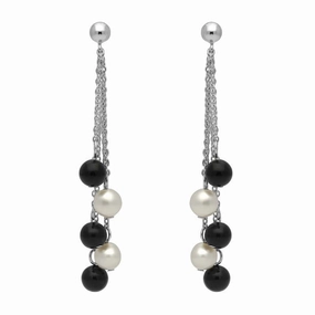 Sterling Silver Whitby Jet White Pearl Beaded Tassel Drop Earrings D