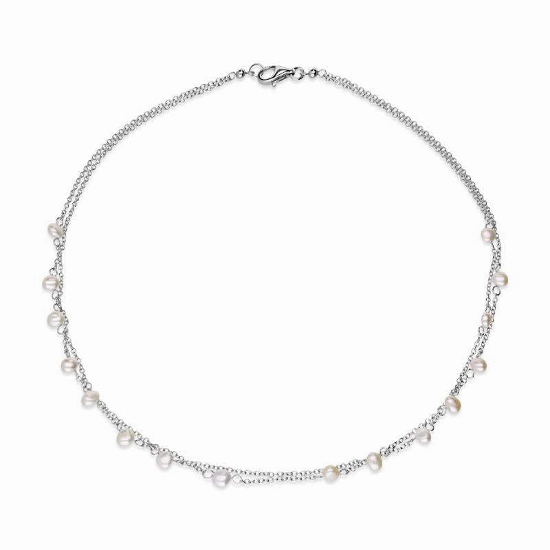 Sterling Silver White and Silver Pearl Double Chain Necklace D