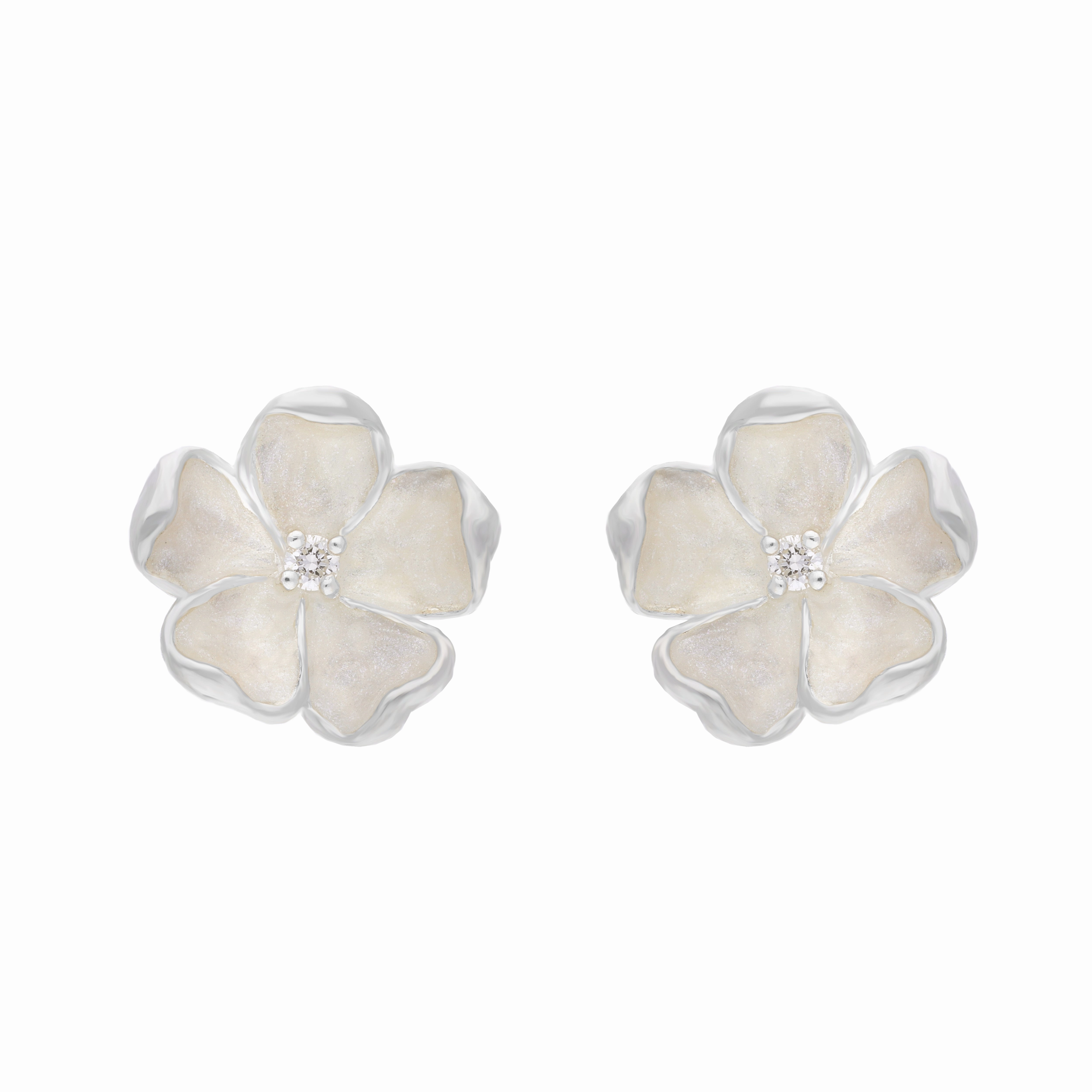 Sterling Silver White Enamel Diamond Flower Studs Earrings