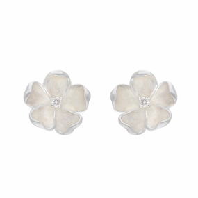 Sterling Silver White Enamel Diamond Flower Studs Earrings