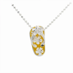 Sterling Silver Yellow Enamel Slipper and Plumeria with CZ Pendant (Chain Sold Separately)