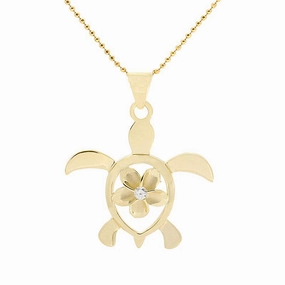 Sterling Silver Yellow Gold Plated 10mm Plumeria with CZ in Honu (Turtle) Pendant (Chain Sold Separately)