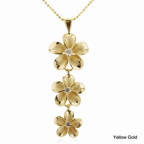 Sterling Silver Yellow Gold Plated 18-15-12mm Plumeria with CZ Pendant (Chain Sold Separately)
