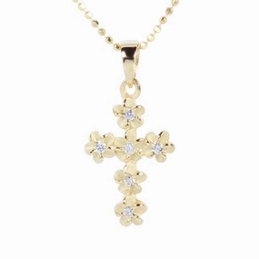 Sterling Silver Yellow Gold Plated 4mm Plumeria with CZ Cross Pendant (Chain Sold Separately)