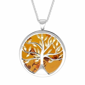 Sterling Silver Yellow Gold Plated Amber Large Round Tree of Life Necklace