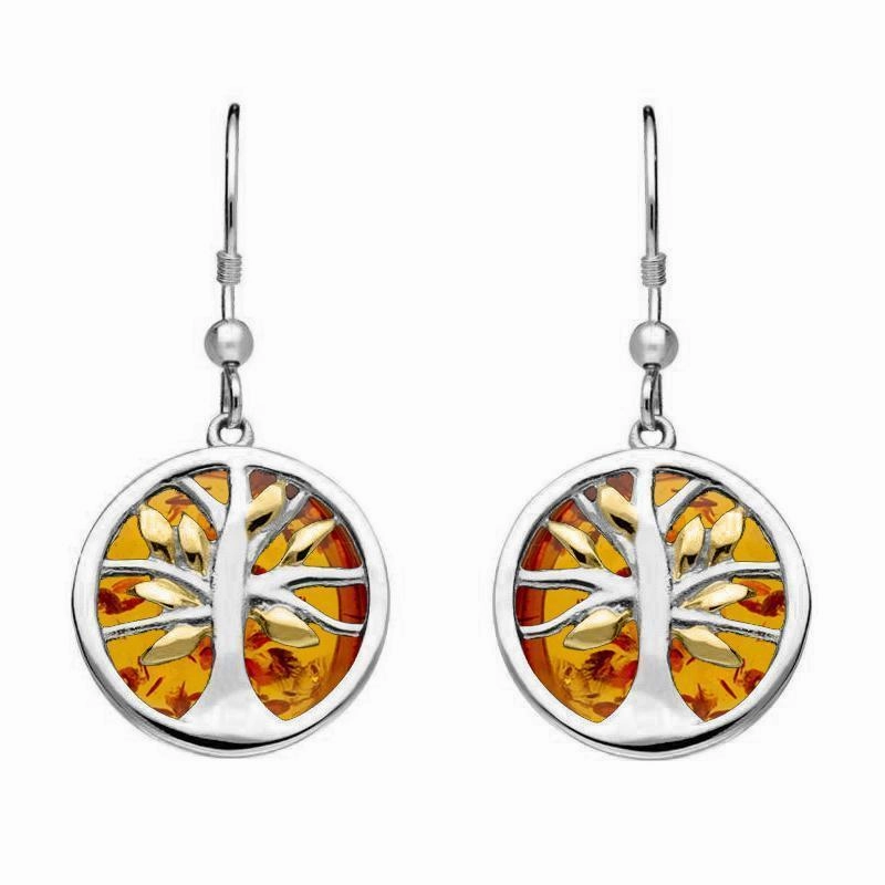 Sterling Silver Yellow Gold Plated Amber Large Round Tree of Life Two Piece Set