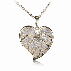 Sterling Silver Yellow Gold Plated Anthurium Leaf Pave CZ Pendant (Chain Sold Separately)