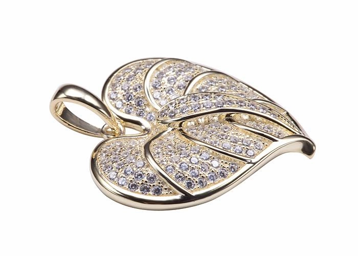 Sterling Silver Yellow Gold Plated Anthurium Leaf Pave CZ Pendant (Chain Sold Separately)