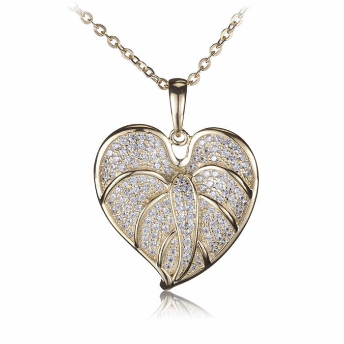 Sterling Silver Yellow Gold Plated Anthurium Leaf Pave CZ Pendant (Chain Sold Separately)