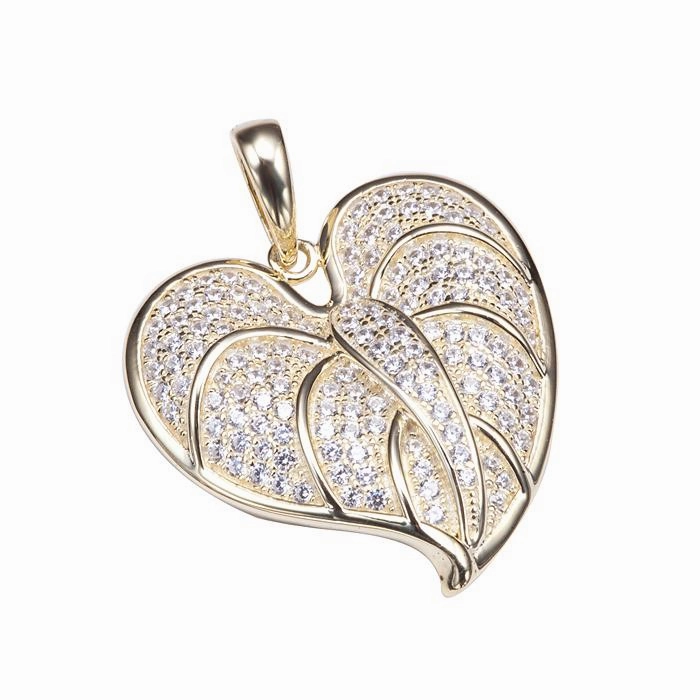 Sterling Silver Yellow Gold Plated Anthurium Leaf Pave CZ Pendant (Chain Sold Separately)