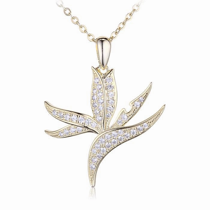 Sterling Silver Yellow Gold Plated Bird of Paradise Pave CZ Pendant (Chain Sold Separately)