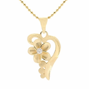 Sterling Silver Yellow Gold Plated Half Heart and Plumeria with CZ Pendant (Chain Sold Separately)