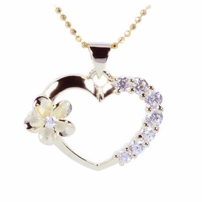 Sterling Silver Yellow Gold Plated Heart Side CZ and Plumeria Pendant (Chain Sold Separately)