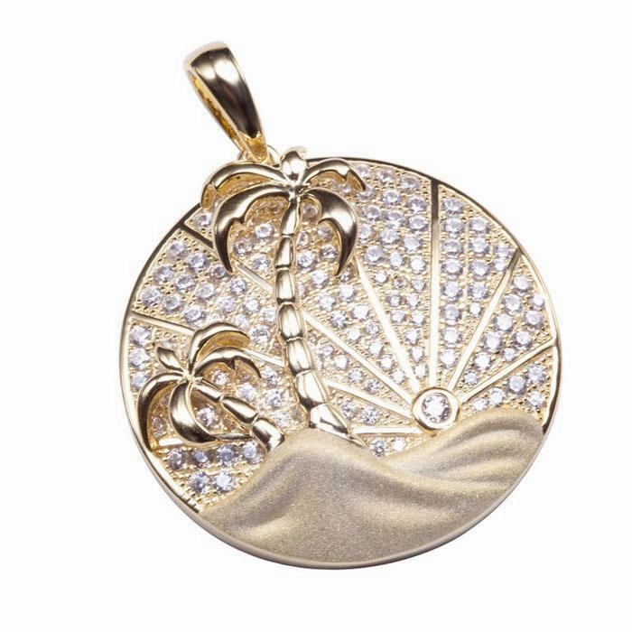 Sterling Silver Yellow Gold Plated Island Sunrise in Circle Pave CZ Pendant (Chain Sold Separately)
