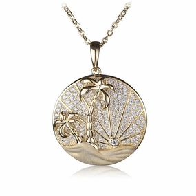 Sterling Silver Yellow Gold Plated Island Sunrise in Circle Pave CZ Pendant (Chain Sold Separately)