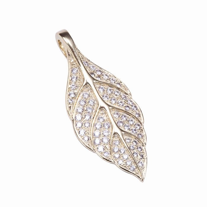 Sterling Silver Yellow Gold Plated Maile Leaf Pave CZ Pendant (Chain Sold Separately)