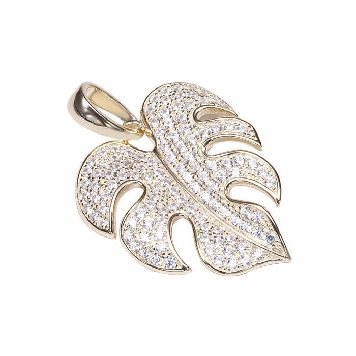 Sterling Silver Yellow Gold Plated Monstera Pave CZ Pendant (Chain Sold Separately)