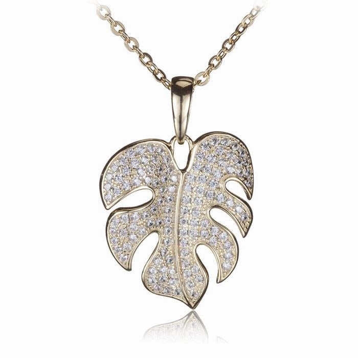 Sterling Silver Yellow Gold Plated Monstera Pave CZ Pendant (Chain Sold Separately)