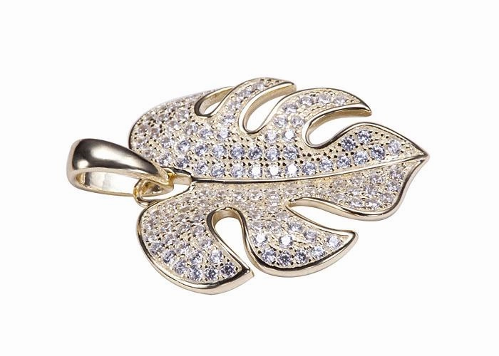 Sterling Silver Yellow Gold Plated Monstera Pave CZ Pendant (Chain Sold Separately)