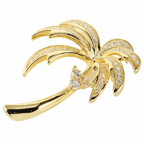 Sterling Silver Yellow Gold Plated Palm Tree Pave CZ Pendant (Chain Sold Separately)